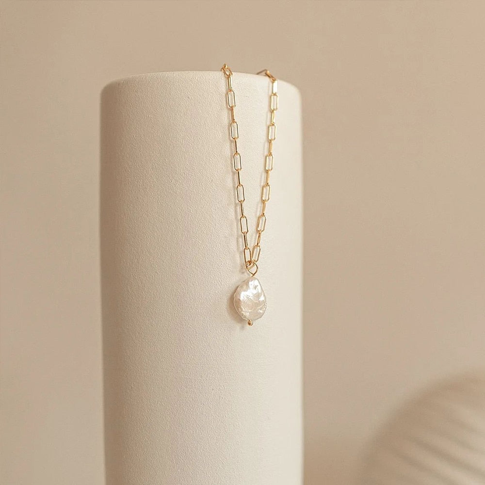 Rectangle Link Chain Pearl Necklace